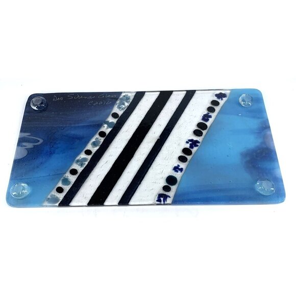 Dos Sirenas Fused Glass Plate Serving Tray Footed 12 x 6" Blue White Black 2016 - Picture 5 of 9